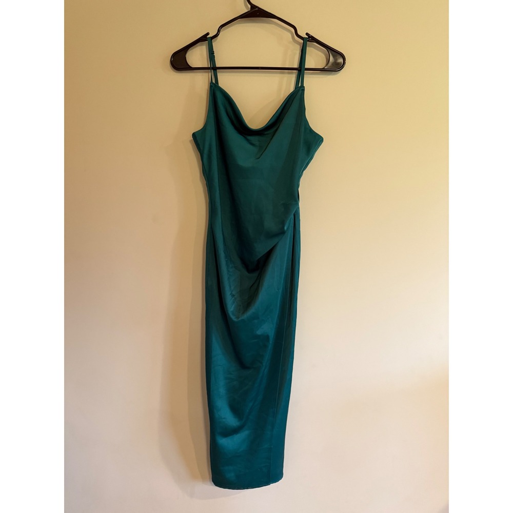Lulus Emerald‎ Green Satin Cowl Neck Midi Dress XS Adjustable Straps Cocktail